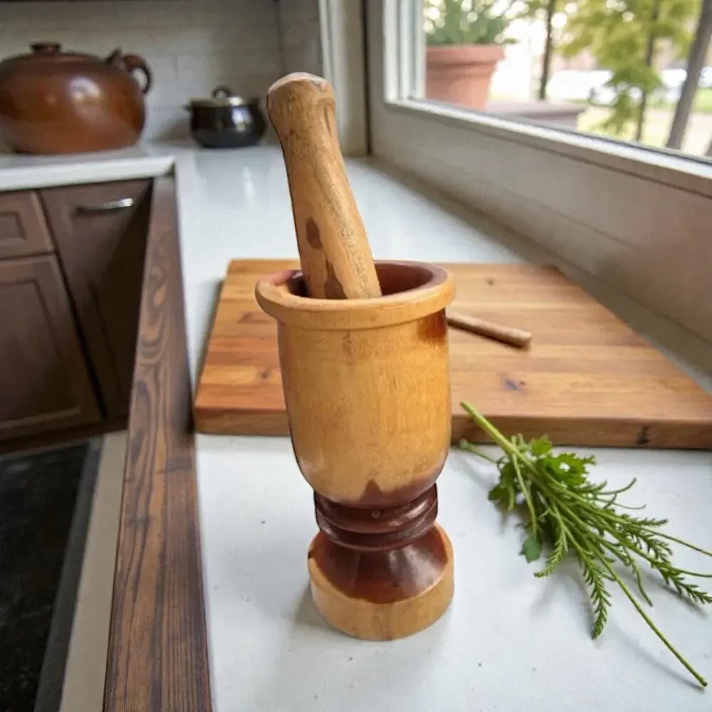 VINTAGE HANDMADE Mortar & Pestle Carved Turned Wood Compound FAST SHIP 2080-27